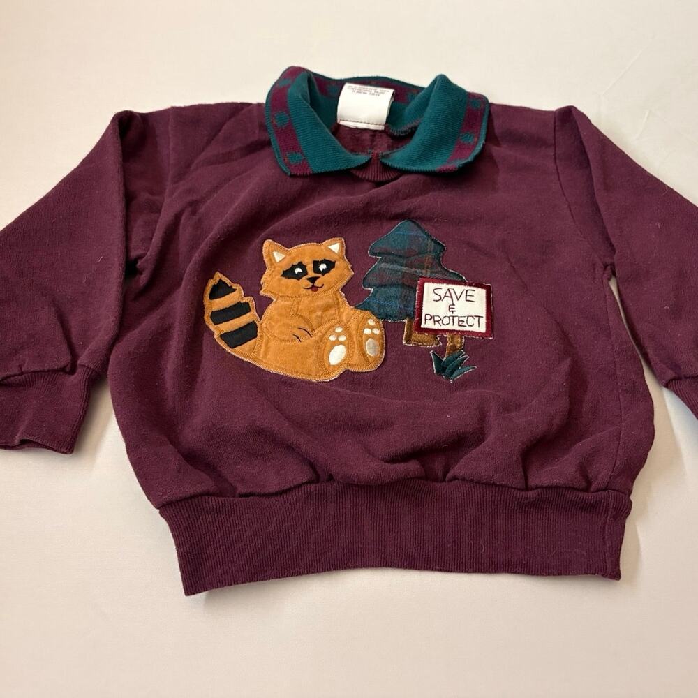 Vintage Pete’s Partner Raccoon Sweatshirt Collared Maroon 3T USA Cottagecore
